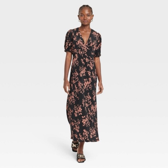 Women's Crepe Puff Short Sleeve Midi Dress - A New Day TM Black/Brown Floral - Picture 3 of 8